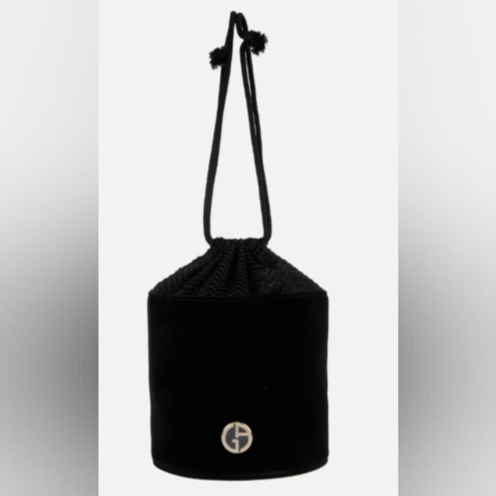 Giorgio Armani Velvet Bucket Bag Black Velvet Drawstring Gold tone Hardware NWOT